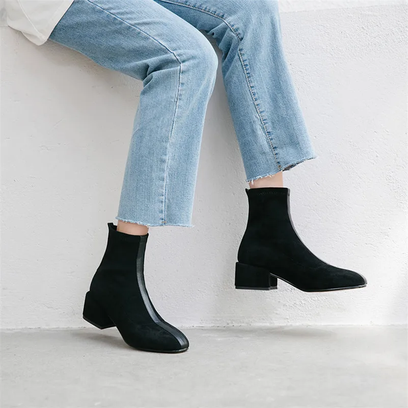 FEDONAS Top Quality Flock Women Ankle Boots Square Toe Square Heels Slip on Elegant Chelsea Boots Autumn Winter Basic Shoes