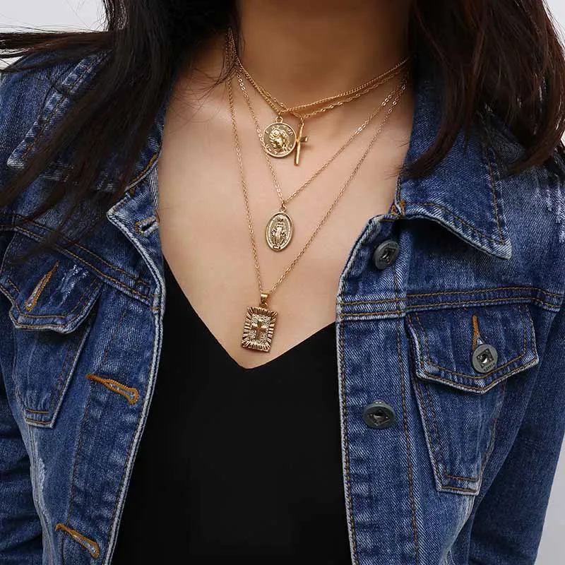 Vintage Women Personality Coin Choker Necklace Multi layer Jesus Cross Pendant Chain Long Femme Collier Chocker NL244 | Украшения и