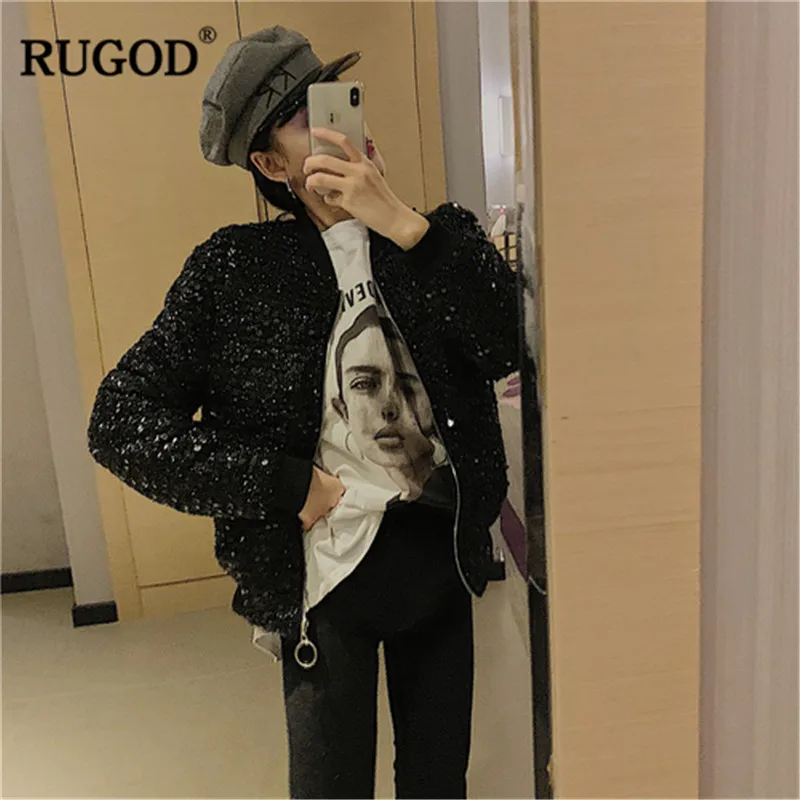 RUGOD корейский для женщин куртки и пальто мода бейсбол воротник блестками женский