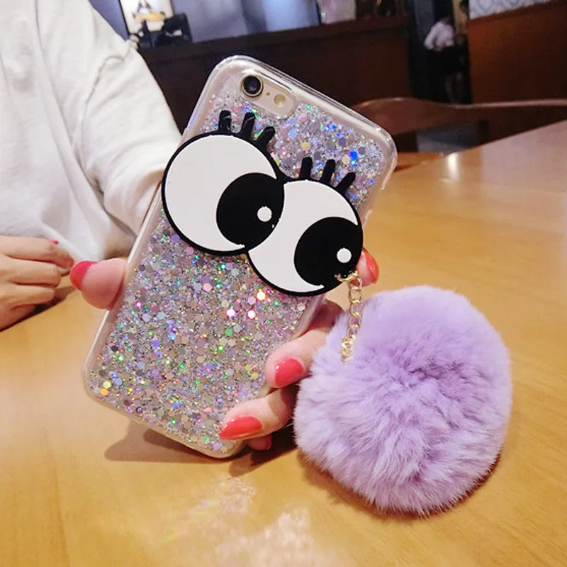 Ainike Luxury Big Eye Soft Warm Furry Ball Tassel Cover Metal Ring Bling Powder Phone Case For Vivo X9 X20Plus X21i V9 Y83 X23 |
