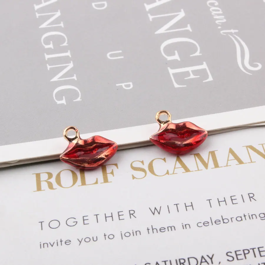 

10pcs 11*14mm Gold Tone Alloy Material Oil drop Red Lip Enamel Pendant For Earring DIY Handmade Hair Bracelet Jewelry Making