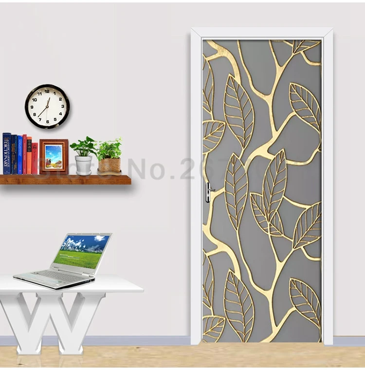 Creative 3D Golden Leaves Door Sticker DIY Home Decor Decal Self Adhesive Wallpaper Waterproof Mural For Bedroom Door Renovation