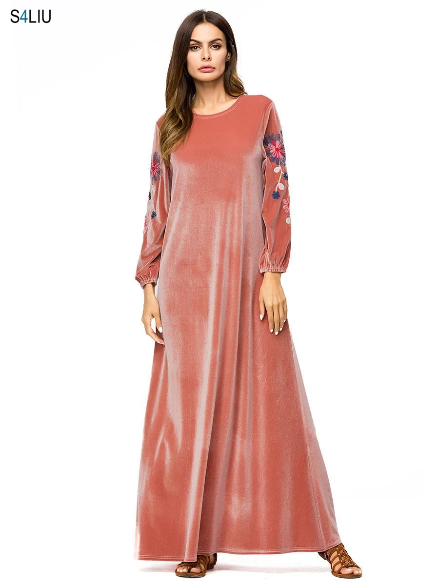 Женское длинное платье с вышивкой Abaya Jilbab винтажное макси бархатной для