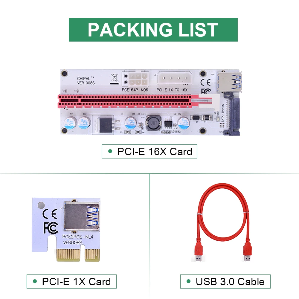 CHIPAL 10 шт. VER008S 100 см PCI E Riser Card 4pin 6pin SATA 3in1 Molex Питание PCIe 1X к 16X Extender BTC BCD LTC шахтер|pcie 1x