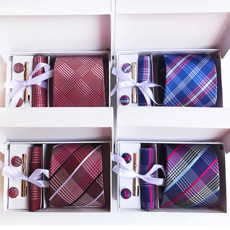 

3.35inch(8 Cm) Wide Plaid Classic Mens Neckties Wedding Fashion Party Man Tie, Handkerchief, Pin and Cufflinks Gift Box Packing