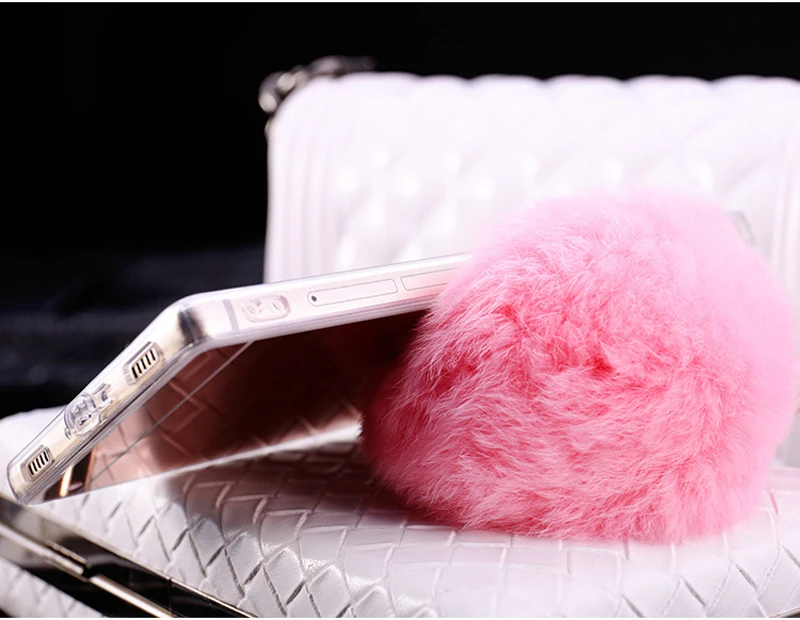 For Huawei P20 Glitter Fake Rabbit Fur Ball Mirror Case Honor 9 8 7 6X V8 Lite Cover Coque Shell Housing |