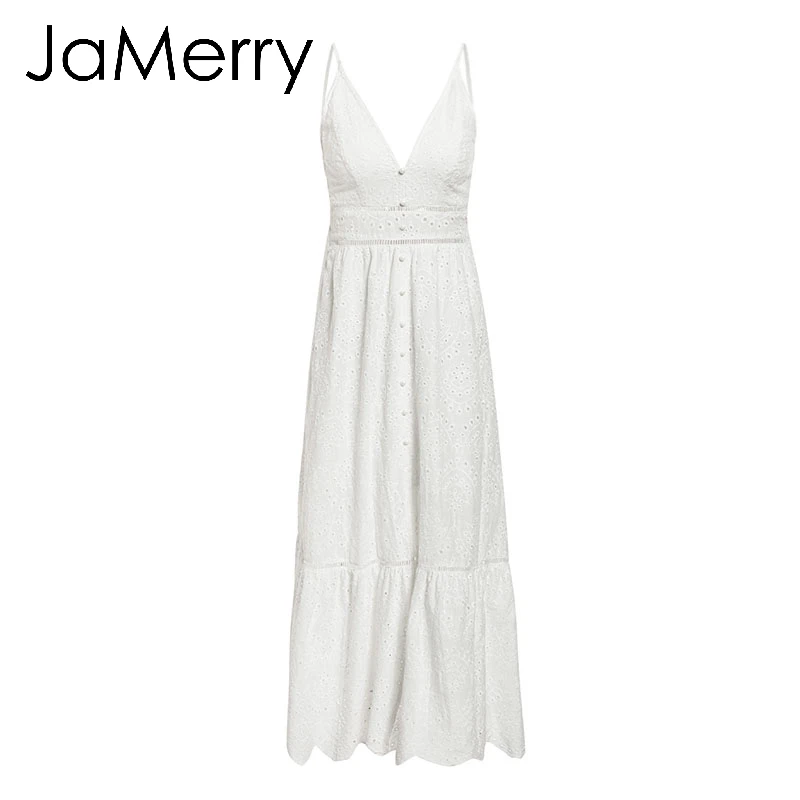 Белый JaMerry, богемное, с вышивкой, белое, сексуальное, кружевное, женское, летнее, макси платье, на тонких бретелях, хлопковые платья, праздничные, вечерние, длинные, vestidos - Цвет: Белый