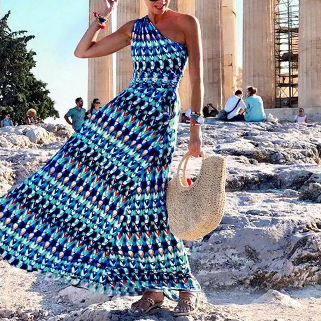 Женское летнее длинное платье Boho с цветочным принтом на одно плечо вечернее