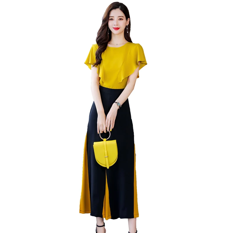 Vogue Design OL Two Piece Suit Set Women patchwork Short sleeve Blouse High-Waist Wide-leg Pants Outfits H300 | Женская одежда