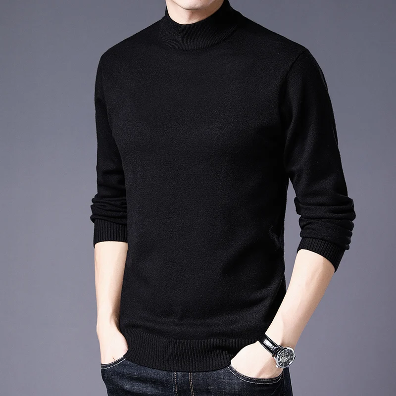 

2021 Men's Cashmere Sweater Thickened Winter Half-neck Middle-aged Pullover Knitted Sweater Pure Color