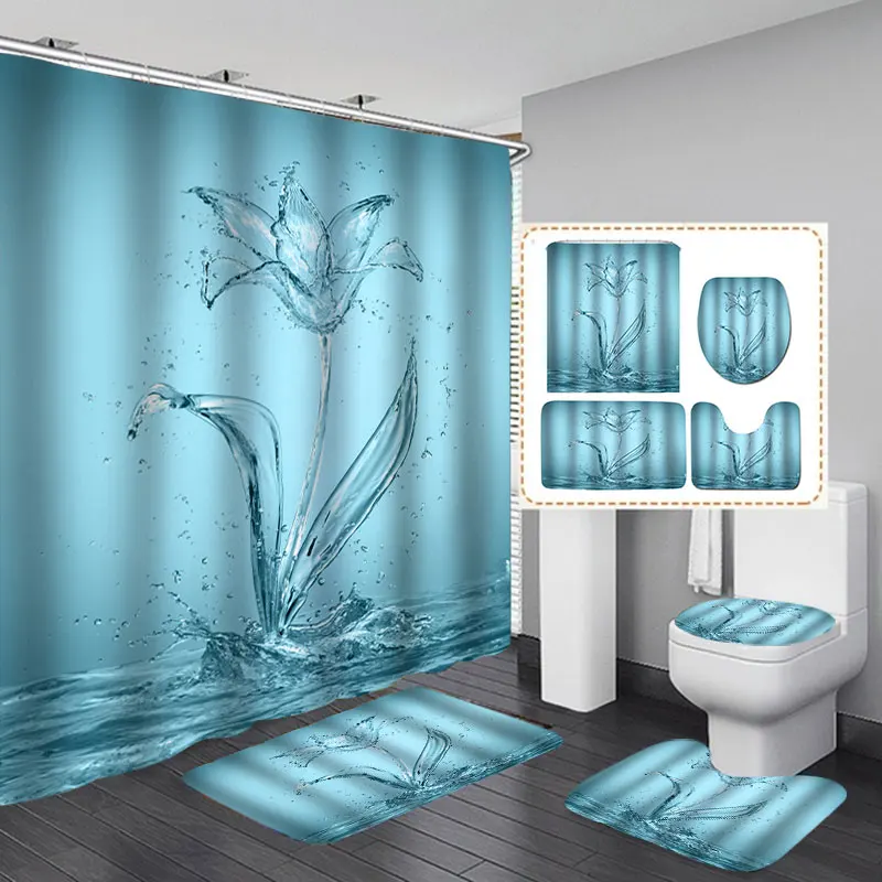 4pcs/set Girl Printing Waterproof Bathroom Polyester Shower Curtain Anti Slip Pedestal Rug Lid Toilet Cover Bath Mat Set