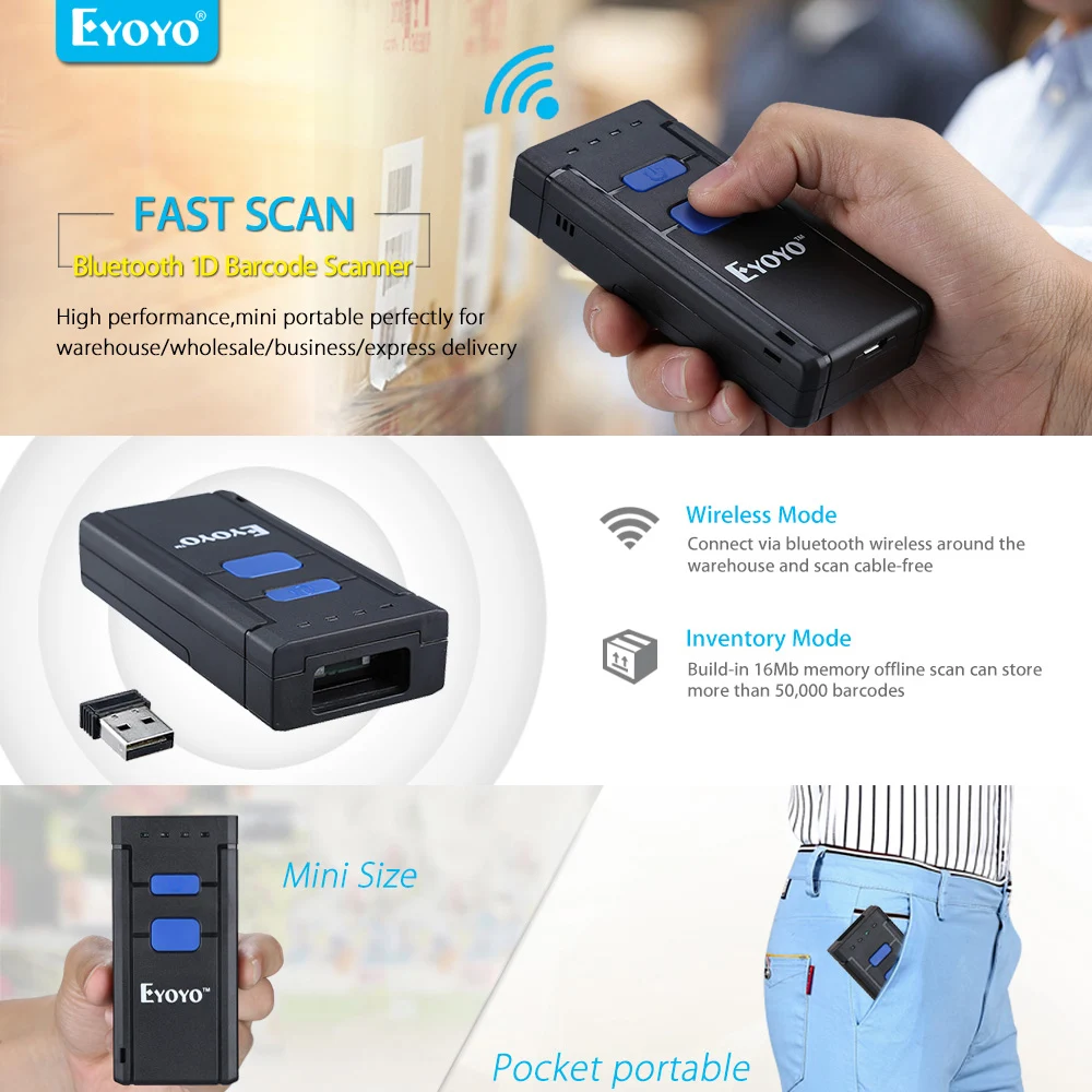 EYOYO MJ-2877 мини сканер штрих-кода 1D 2,4G Bluetooth беспроводной сканер штрих-кода для Android IOS Windows
