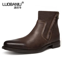 big size mens pointed toe chelsea mid calf boots real leather businessman autumn winter retro casual shoes