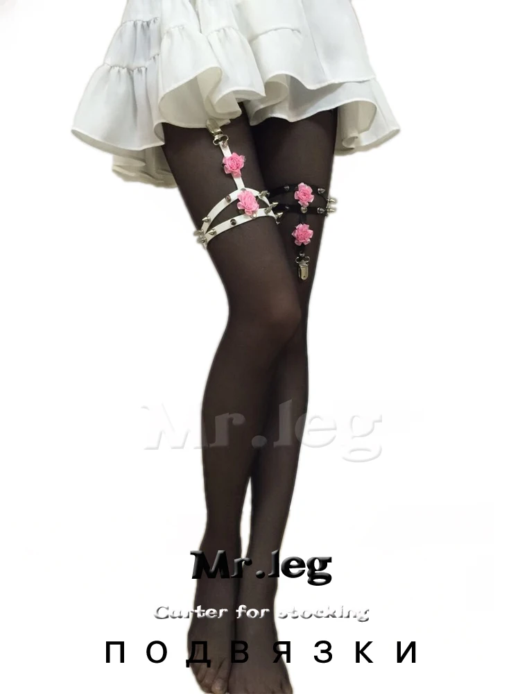 Double Cross Design Fashion Harajuku garters belts FLOWERS rivet punk Garters for women gifts 2015 Spike straps leg harness | Женская