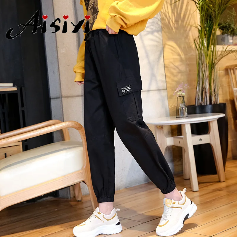 Aisiyi/черные джинсы с высокой талией для женщин Свободные повседневные брюки-карго