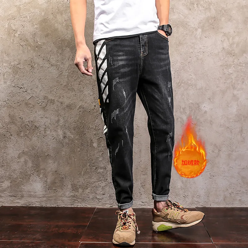 Джинсы мужские с принтом, утепленные брюки с бархатной подкладкой, в японском стиле, новая модель от AliExpress WW