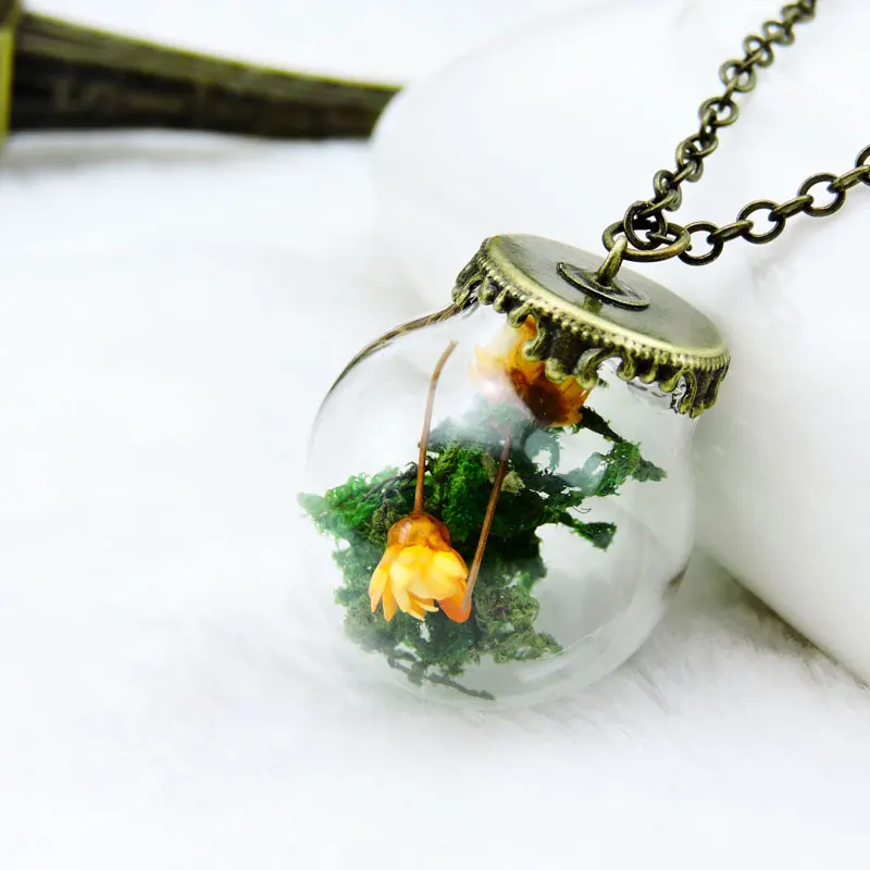 2016 винтажный стеклянный шар кулон с высушенным цветком ожерелье натуральный