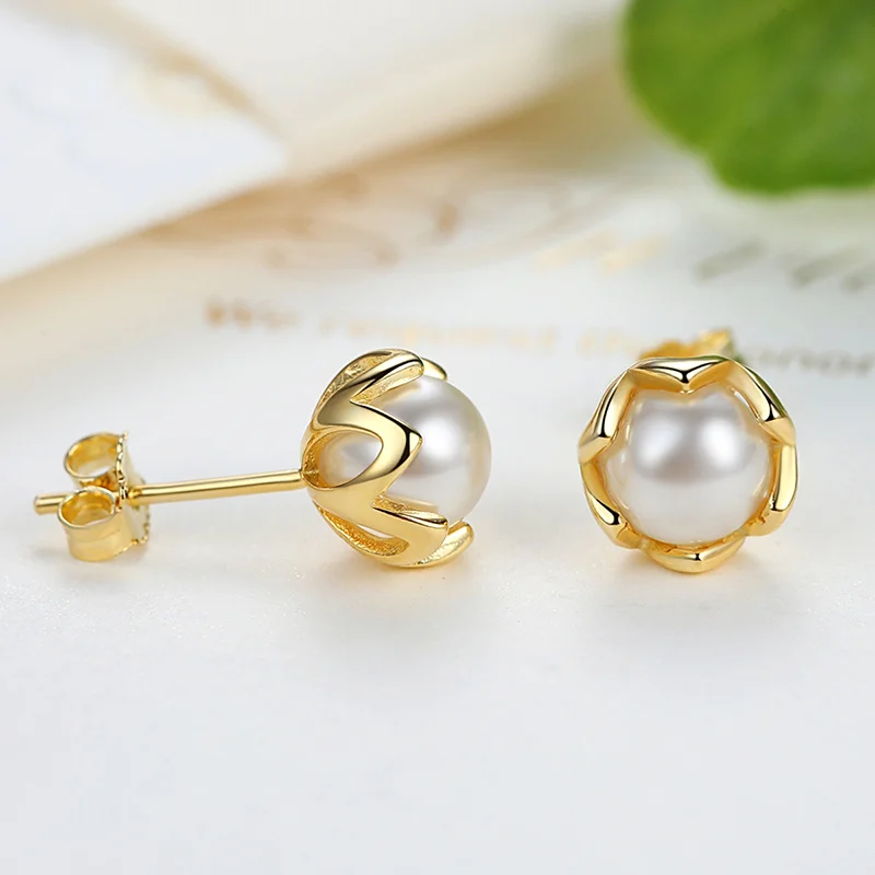 Аутентичные 925 стерлингового серебра имитация жемчуг серьги золотые Цвет Для