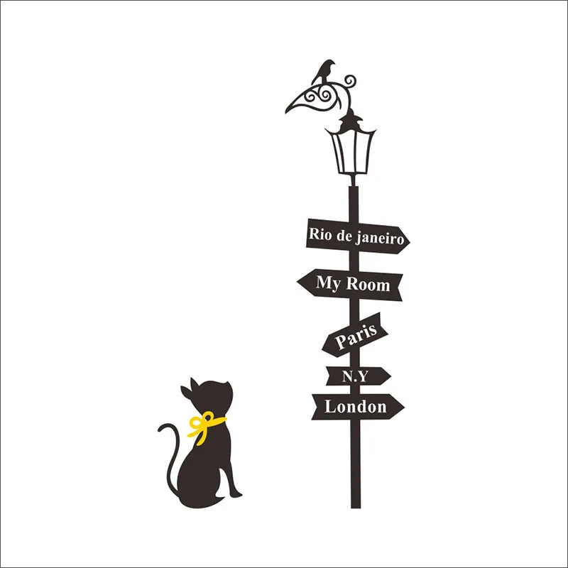 Съемный Черный кот DIY домашний декор Кот птица уличная лампа настенные наклейки