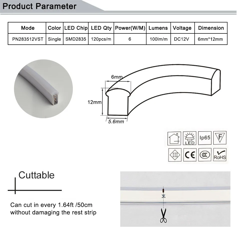 Светодиодный неоновый гибкий мини светильник 12 В водонепроницаемый 6x12 мм белый