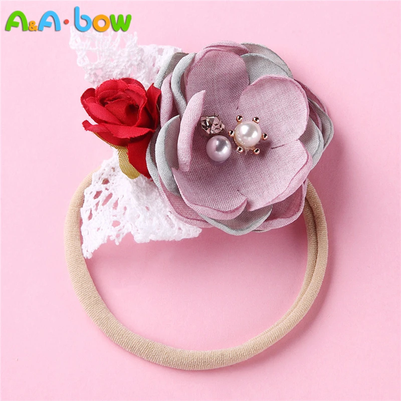 

1pcs Children Flower headbands Headwear Flower Lace Chiffon with Crystal Pearl Elastic Nylon Hair Band Princess Hair Accessories