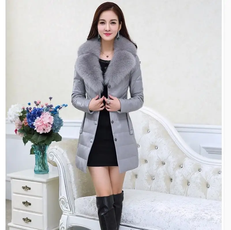 Leather Down Coat Female Women Large Man-made Raccoon Fur Slim Plus Cotton Thermal Long Design Clothing Trench | Женская одежда