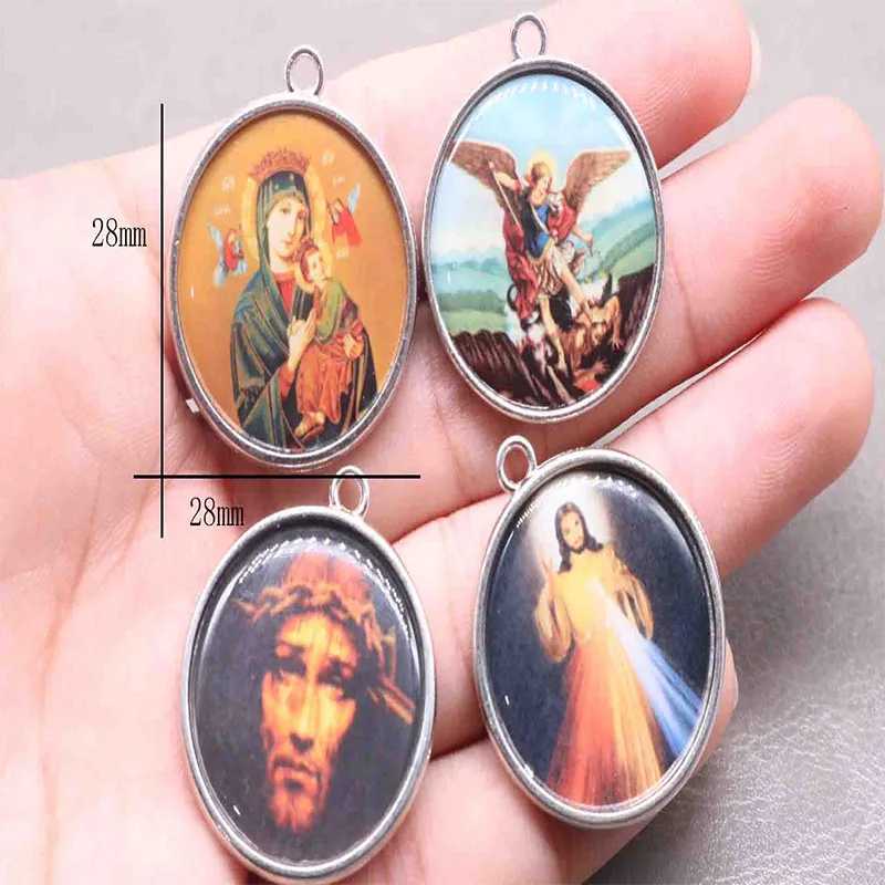 50 pieces / wholesale Jesus Christian icon round handmade cross bracelet medal charm jewelry DIY 28x28mm
