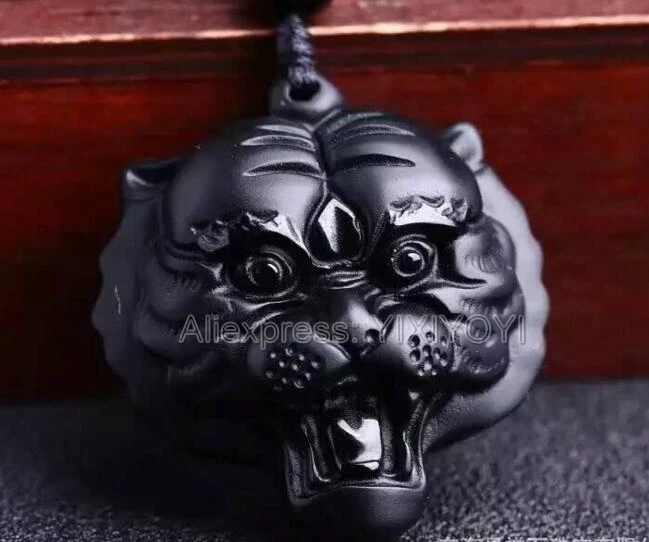 100% натуральный черный обсидиан резная китайская голова тигра кулон на удачу +