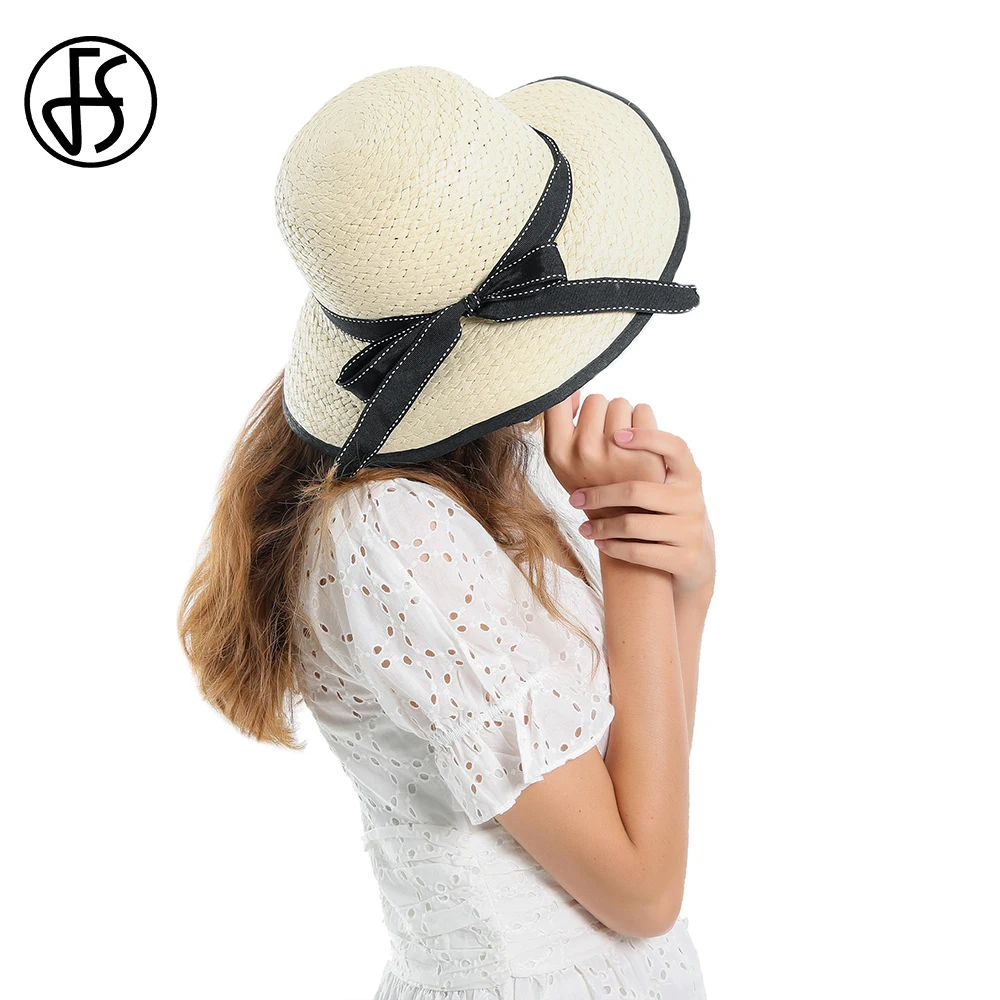 Женская пляжная соломенная шляпа FS с широкими полями и бантом желтого белого