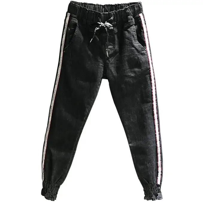 Женские джинсы с полосками сбоку эластичные брюки высокой талией и морковью