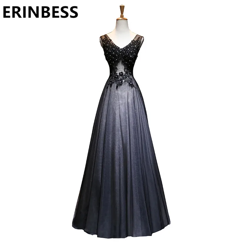 Вечернее платье трапециевидной формы черное с бусинами и кристаллами Тюлевое