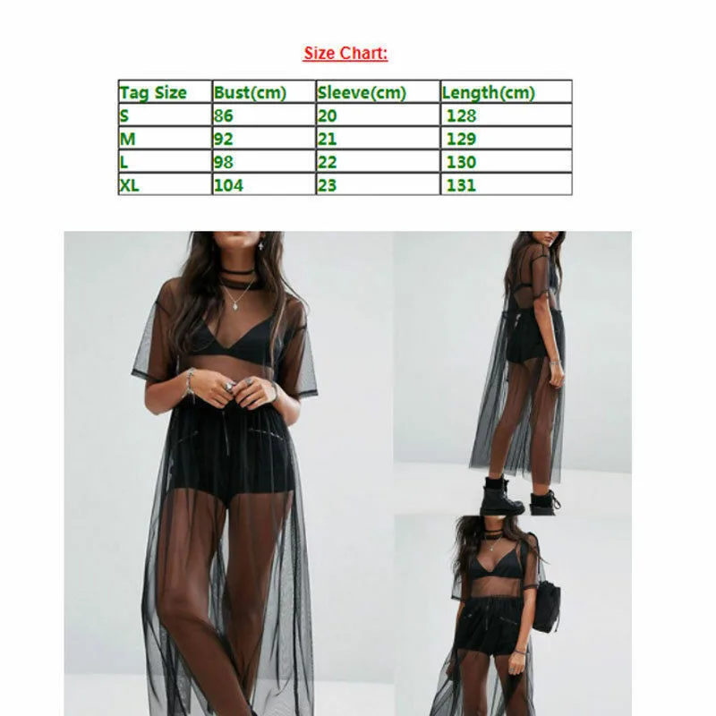 Women See Through Covers Up New Sexy Sheer Mesh Black Color Bikini Cover Ladies' Summer Short Sleeves Beach Sundress Hot Sale | Женская