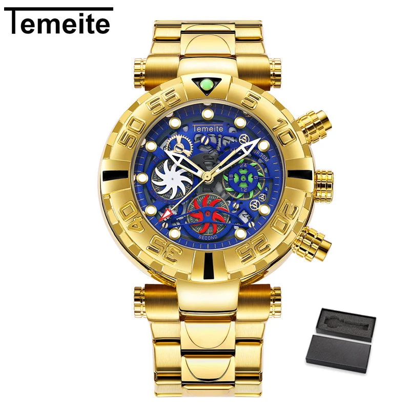 Temeite 6 with box Temeite часы мужские деловые повседневные золотые креативные полые Кварцевые часы водонепроницаемые военные наручные часы Мужские часы с хронографом - Цвет: Temeite 6 with box