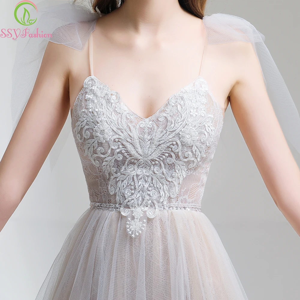 SSYFashion новое пляжное платье цвета слоновой кости сексуальное с v-образным вырезом кружева аппликации с открытой спиной с высоким разрезом Lllusion вечернее платье на заказ формальное платье для выпускного вечера