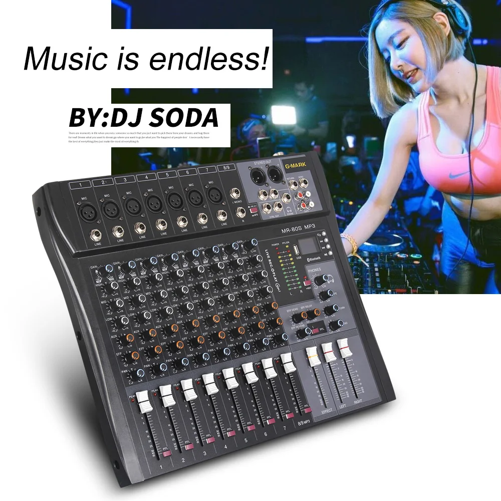 G-MARK MR80S аудио микшер музыкальная студия микшерный пульт аналоговый микшер 7 моно 1 стерео USB MP3 Bluetooth 48 В мощность рождественские Вечерние