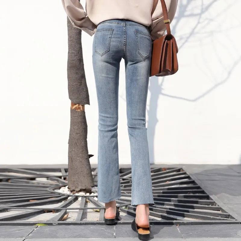 Spring Blue High Waist Jeans Woman 2019 New Korean Slim Fit Micro Flare Denim Pants Ladies Casual Vintage Wild Women | Женская одежда