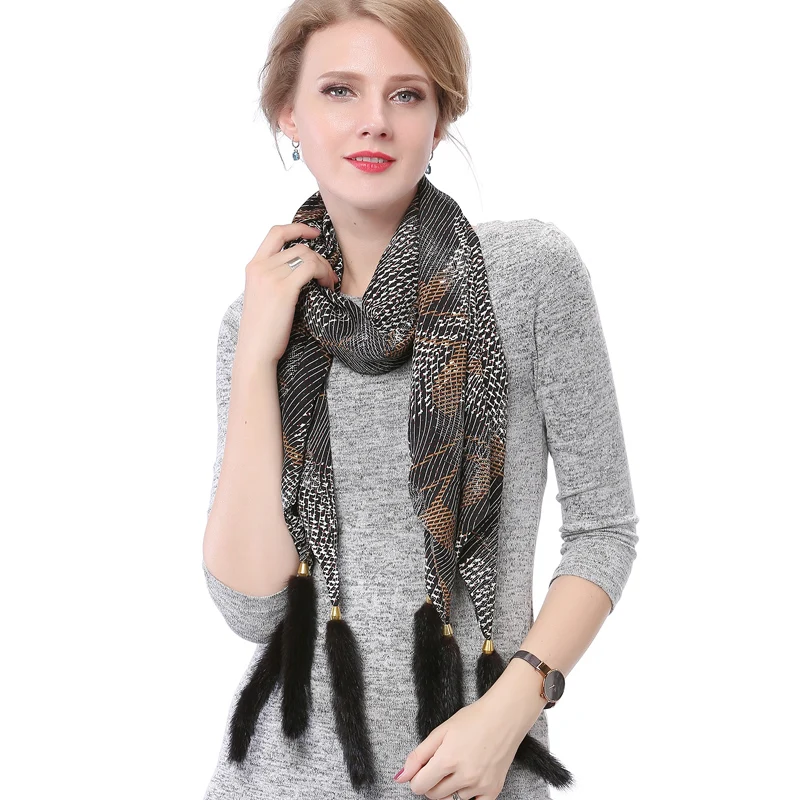 Шелковый шарф норки Мех животных кисточкой шаль платок с принтом 175*35 см для женщин 2018|pashmina shawls|tassel shawlsilk scarf |