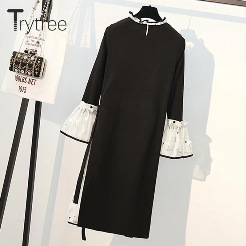 Женское платье-трапеция Trytree черное/Белое Повседневное платье-рубашка до колена