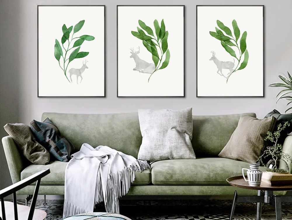 

3 pieces canvas painting under the leaves of the milu deer unframed decoration wall