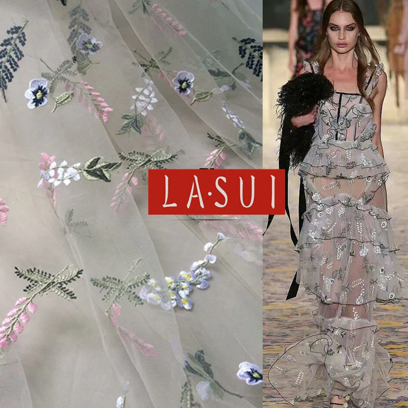 

LASUI 2017 new Color soft embroidery lace fabric mesh fabric yarn-dyed lace dress fabric X0265