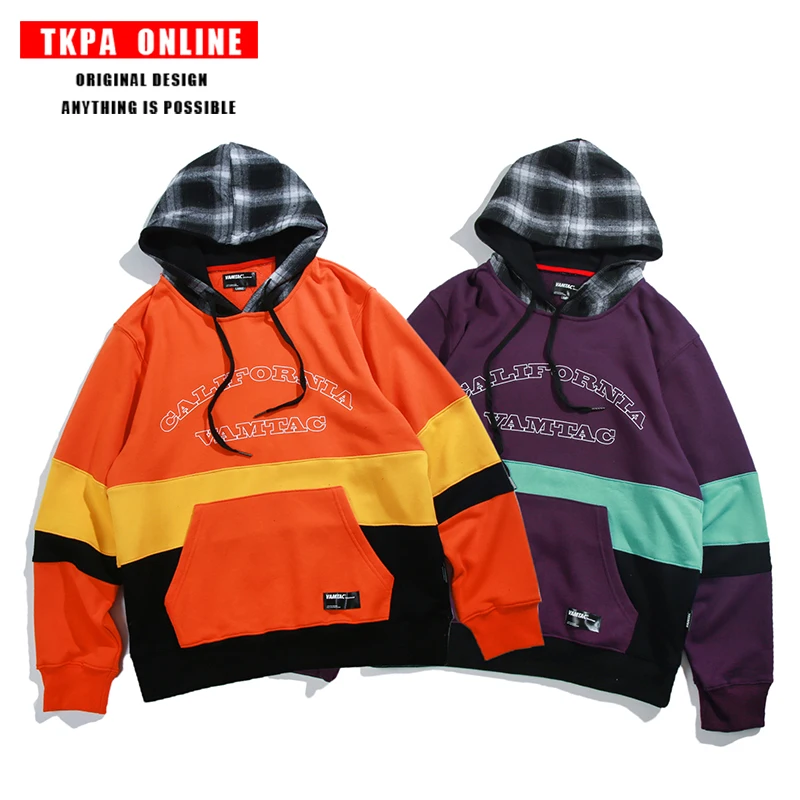 TKPA Цвет решетки лоскутное Повседневное Pocket Hoodie High Street толстовки Для мужчин