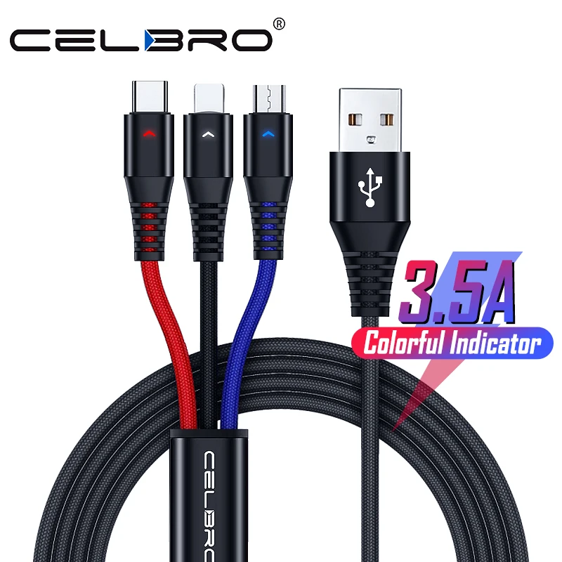 Кабель USB 3 в 1 Micro Type C кабель LED для Samsung Galaxy S20 Plus Xiaomi MI 10 Pro Huawei P40|Кабели мобильных