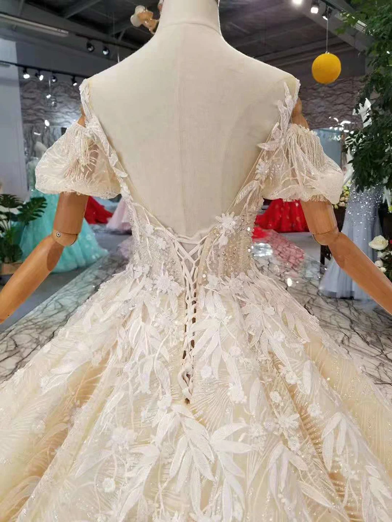 LSS290 light champagne wedding gowns with long train off the shoulder sweetheart dresses ball gown from real factory | Свадьбы и