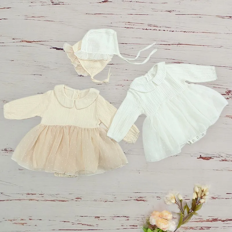 

Autumn Baby Girls Clothes Long Sleeved Cotton Covered Button Princess Romper Dress Ivory Baptism Baby Toddler Clothing Hat Set