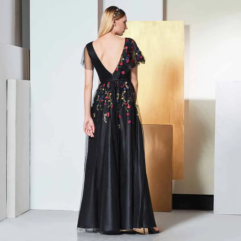 Dressv/Черное вечернее платье с v-образным вырезом короткими рукавами