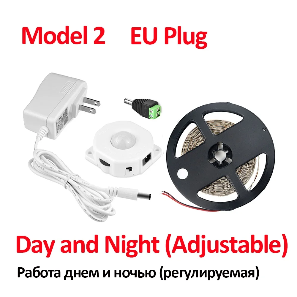 Model 2 EU Plug 12 В, декоративная лампа для спальни, 5 м, PIR датчик, светильник, детектор движения, ЕС, США, Вилка питания, Ночной светильник, датчик, светодиодный, 2835, не водонепроницаемый - Испускаемый цвет: Model 2 EU Plug