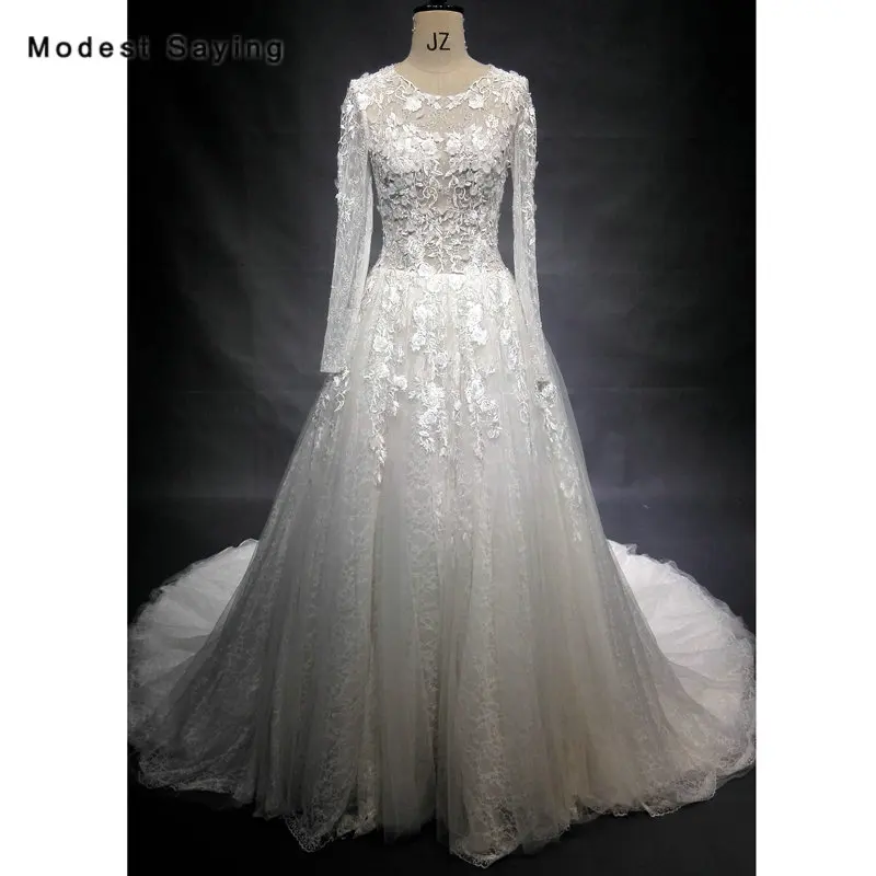 

High Quality Ivory Ball Gown Beaded Lace Long Sleeves Wedding Dresses 2018 Women Sexy Sheer Back Bridal Gowns vestidos de noiva