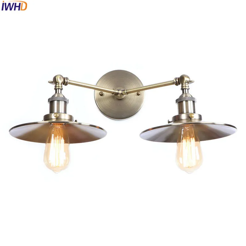 IWHD 2 Heads Brass Retro LED Wall Light Fixures Bedroom Living Room Industrial Vintage Edison Sconce Lampara Pared | Лампы и освещение