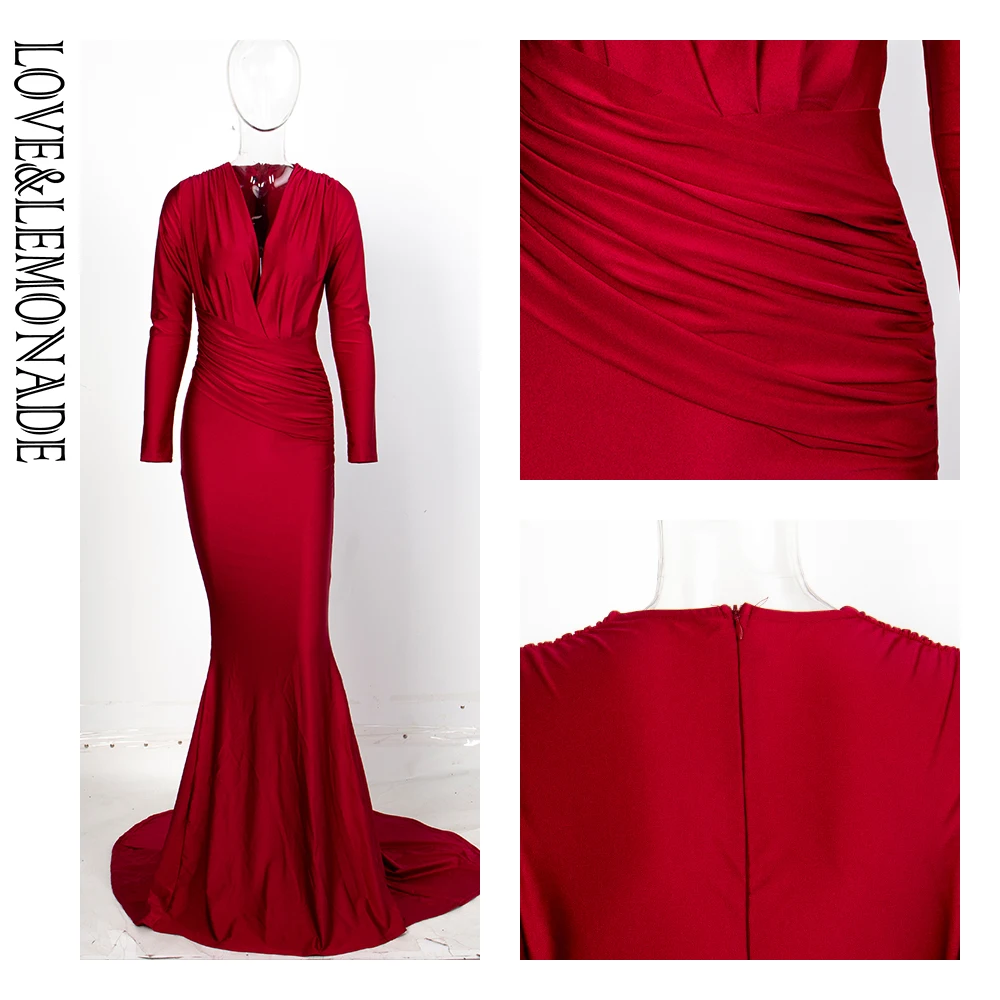 

LOVE&LEMONADE Sexy Deep V-Neck Slim Fit Elastic Fabric Trai Long Dress LM81535