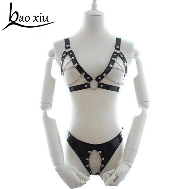 women Sexy Punk Leather Harness Body Shoulder strap Binding Cage Sculptures Breast Belt tassel metal chain Leather Pants Braces